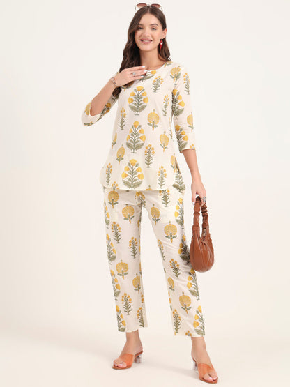 Cream Printed Cotton Night Suit Sets