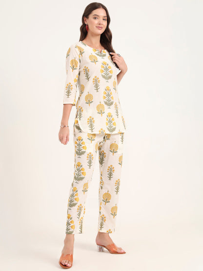 Cream Printed Cotton Night Suit Sets