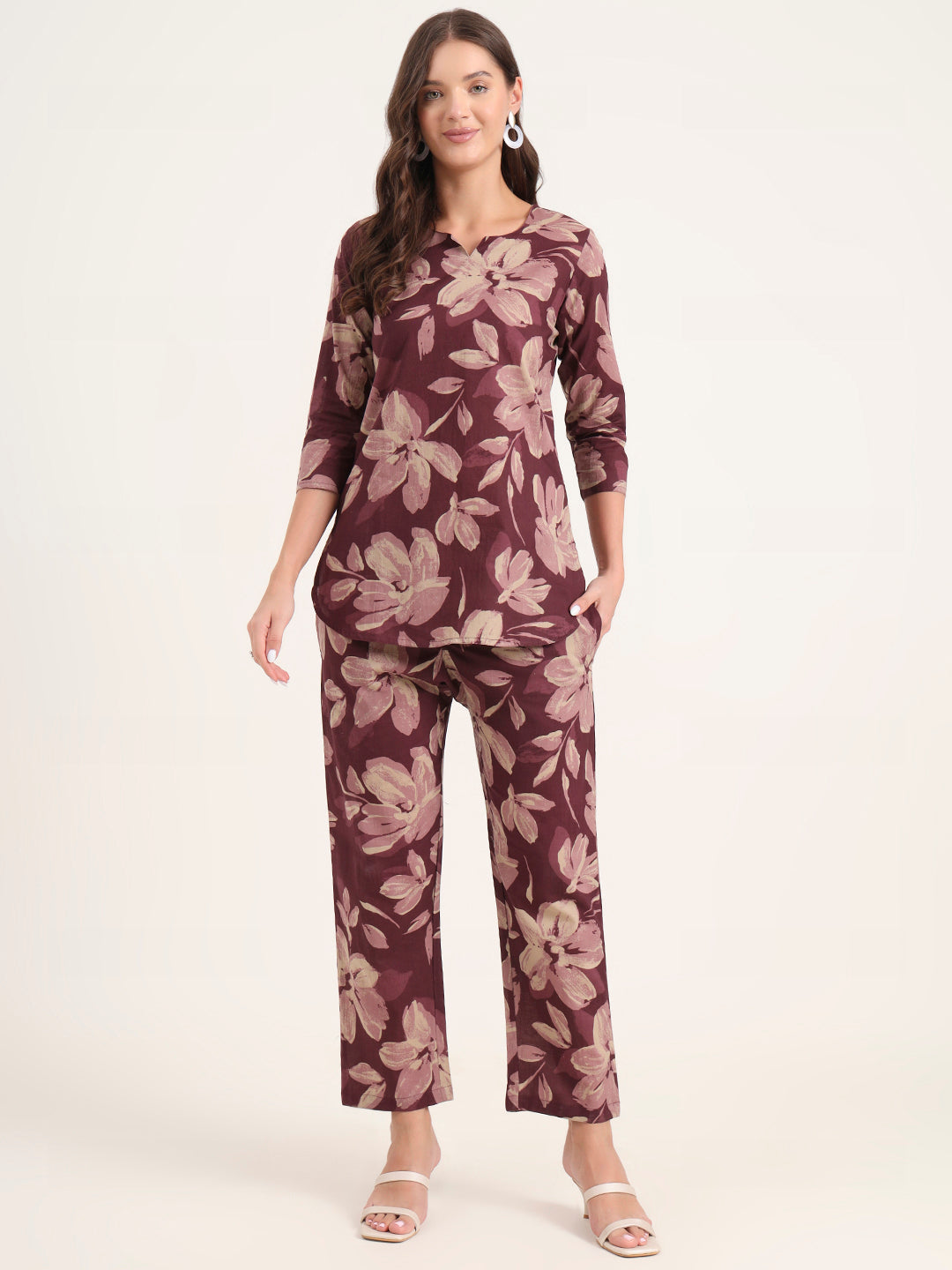 Burgundy Printed Cotton Night Suit Sets