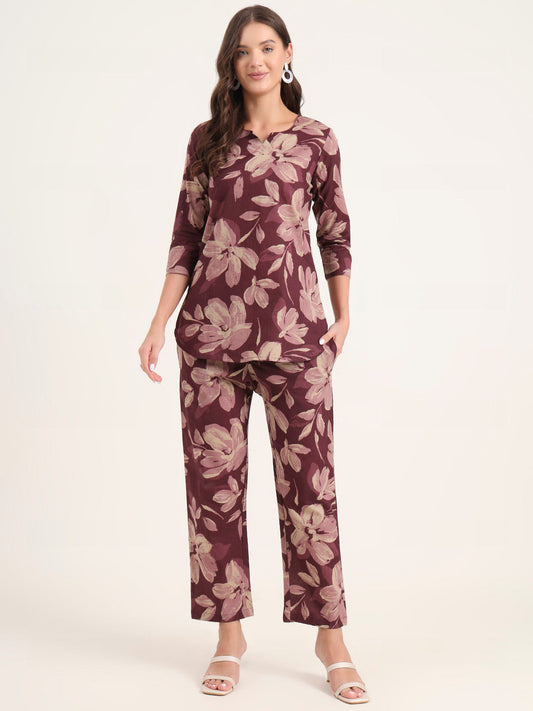 Burgundy Printed Cotton Night Suit Sets