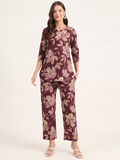 Burgundy Printed Cotton Night Suit Sets