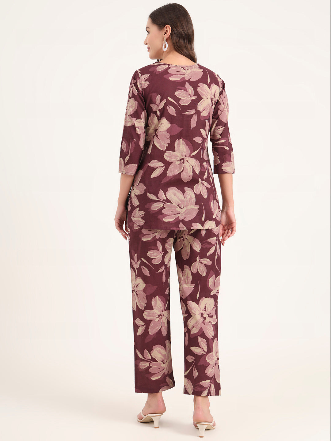 Burgundy Printed Cotton Night Suit Sets