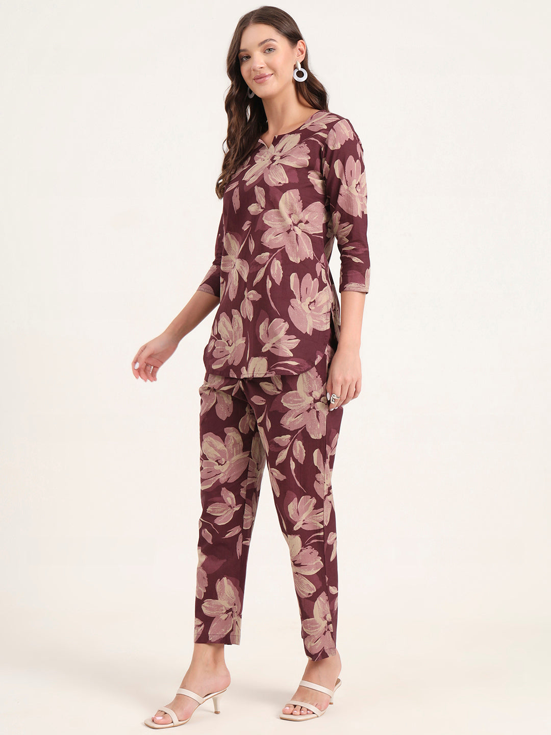 Burgundy Printed Cotton Night Suit Sets