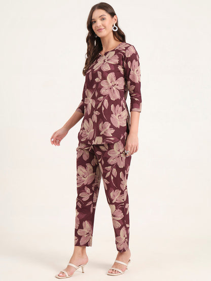 Burgundy Printed Cotton Night Suit Sets