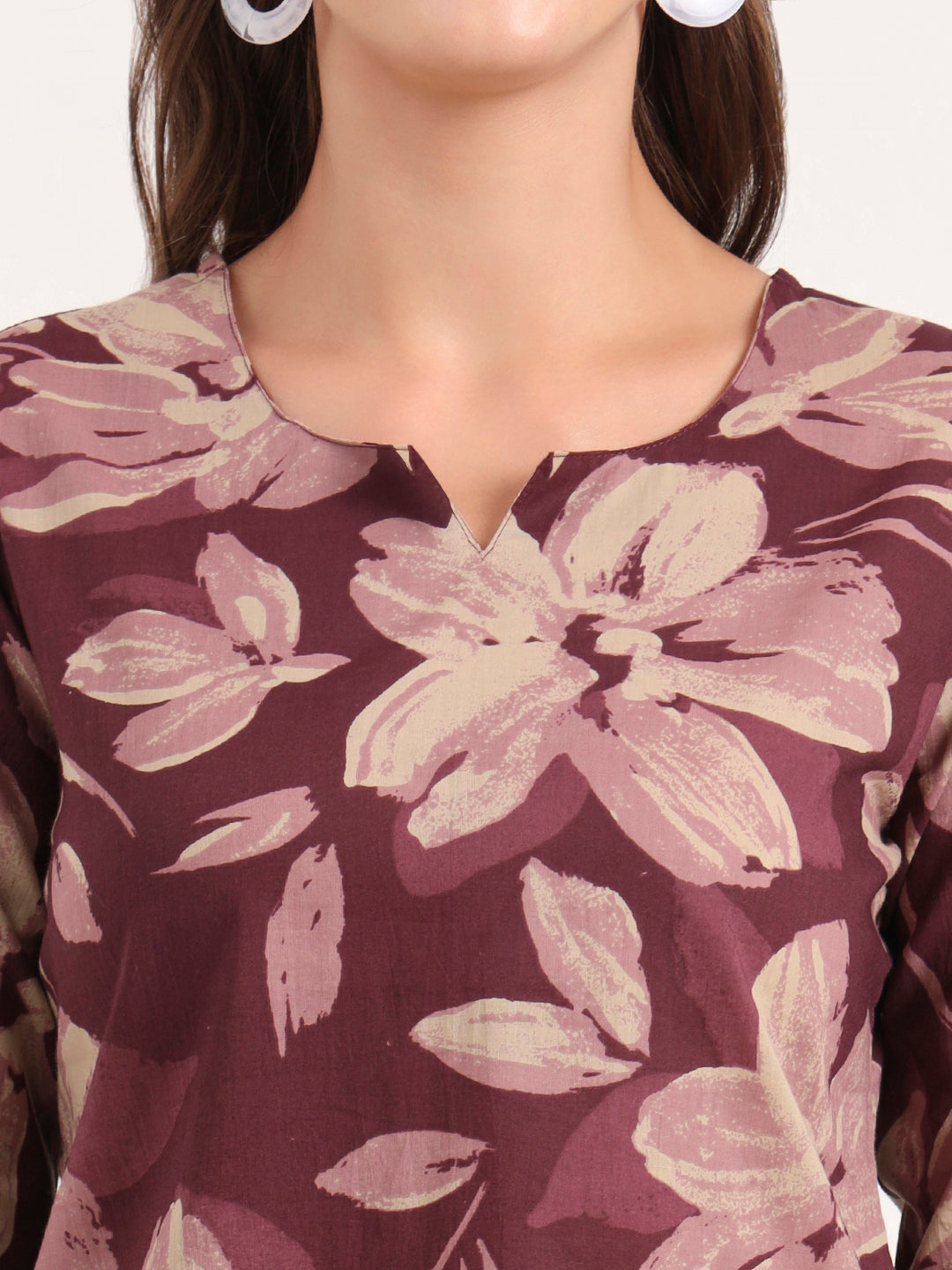 Burgundy Printed Cotton Night Suit Sets