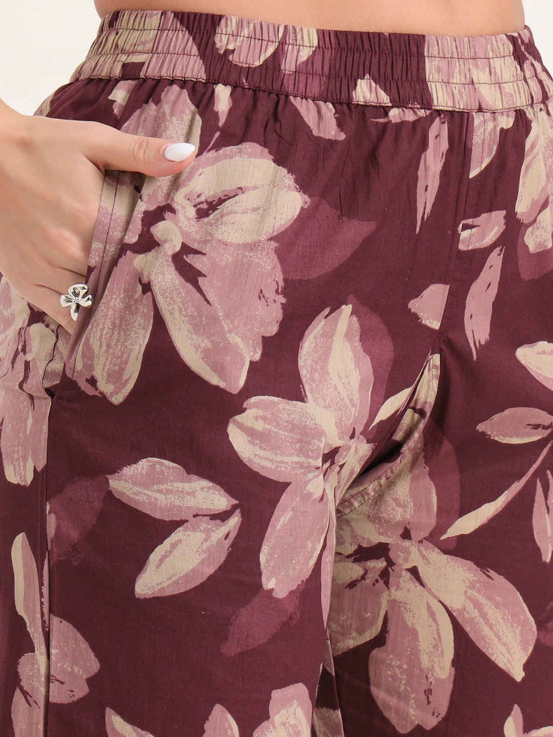 Burgundy Printed Cotton Night Suit Sets