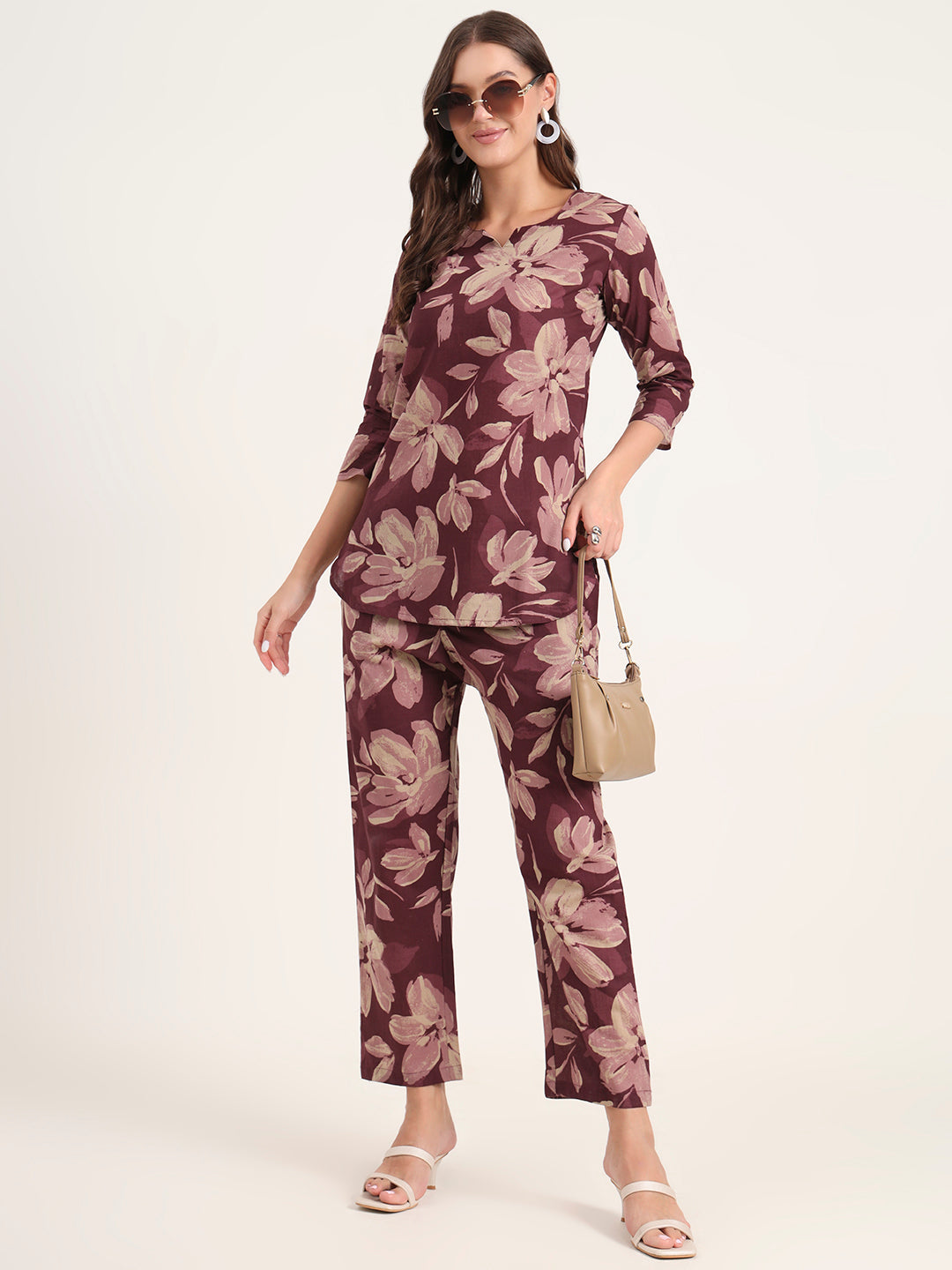 Burgundy Printed Cotton Night Suit Sets