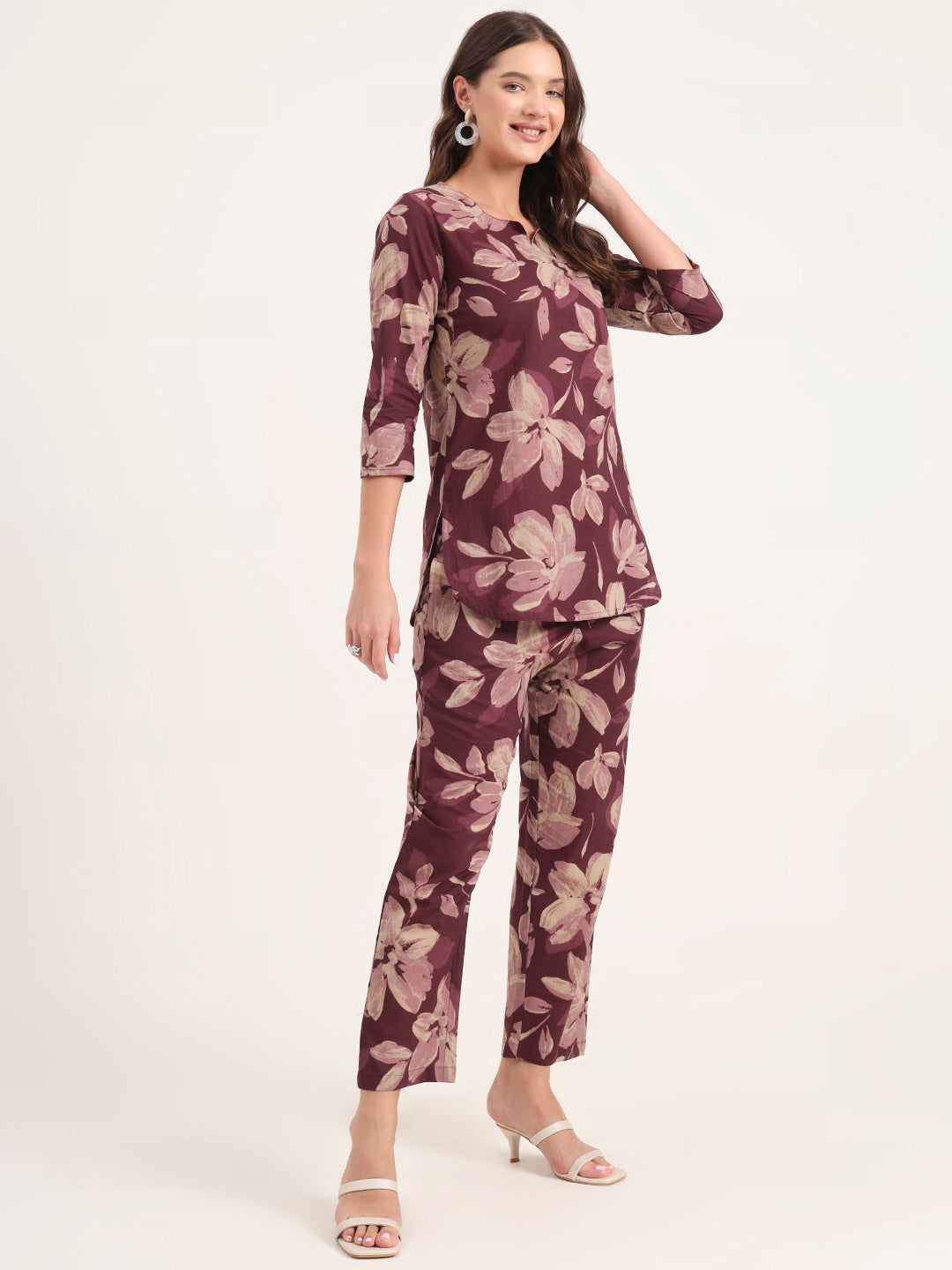 Burgundy Printed Cotton Night Suit Sets