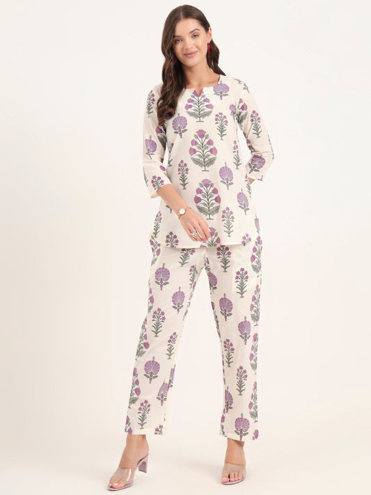 Cream Printed Cotton Night Suit Sets