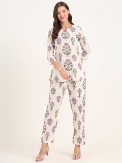 Cream Printed Cotton Night Suit Sets
