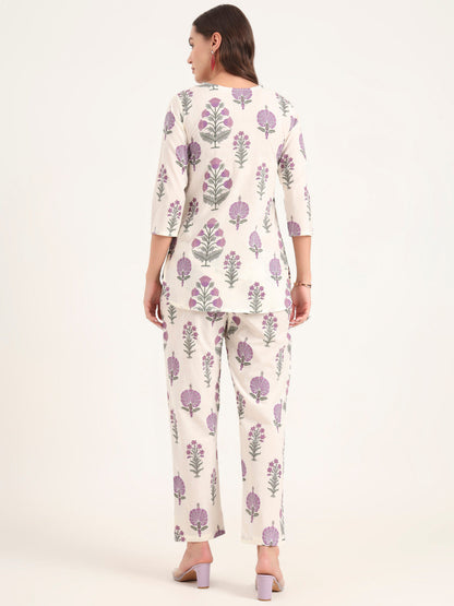 Cream Printed Cotton Night Suit Sets