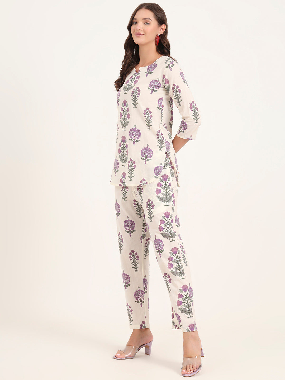 Cream Printed Cotton Night Suit Sets