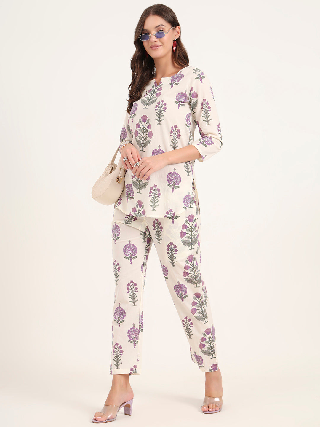 Cream Printed Cotton Night Suit Sets
