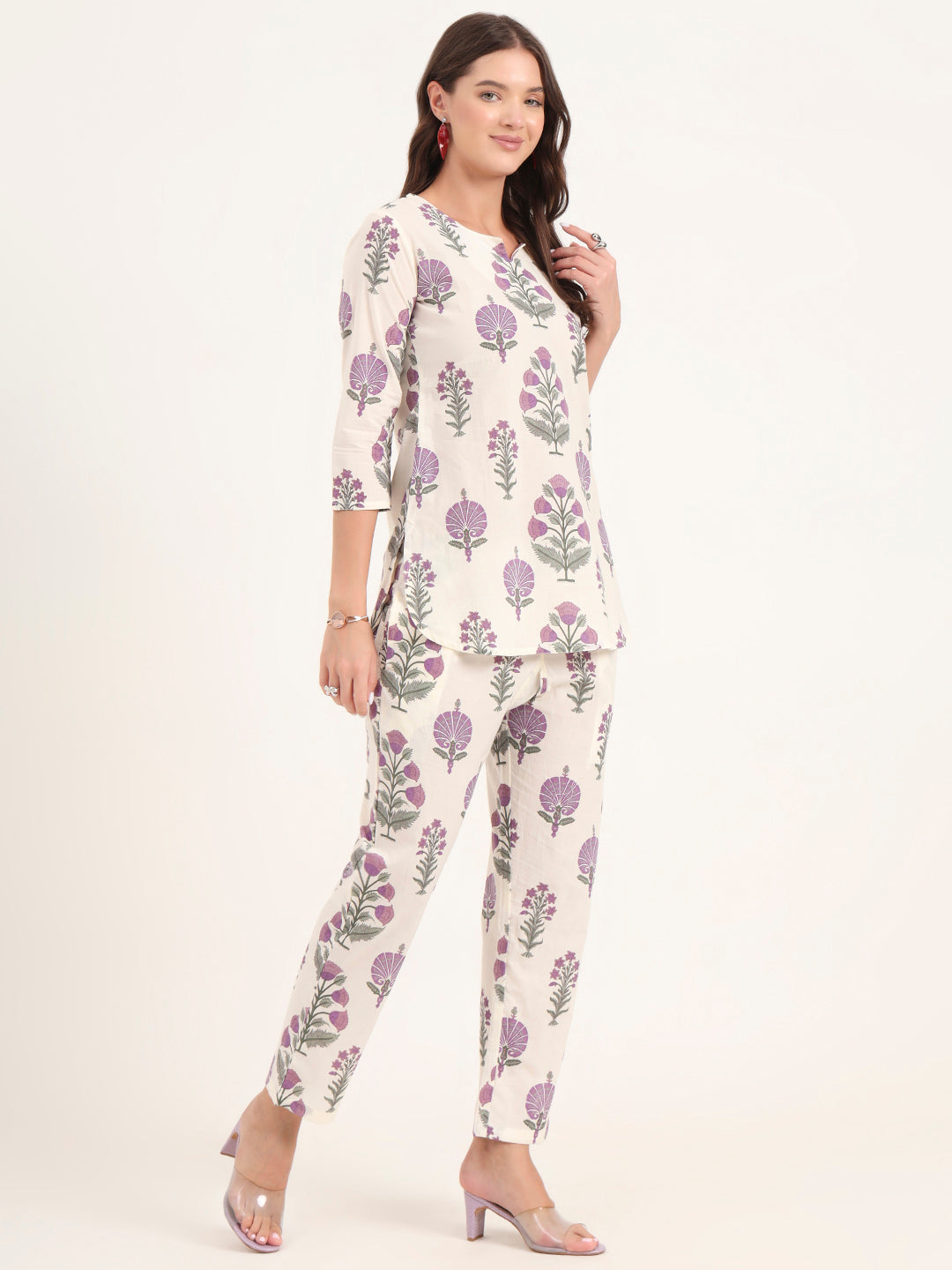 Cream Printed Cotton Night Suit Sets