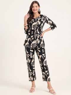 Black Printed Cotton Night Suit Sets