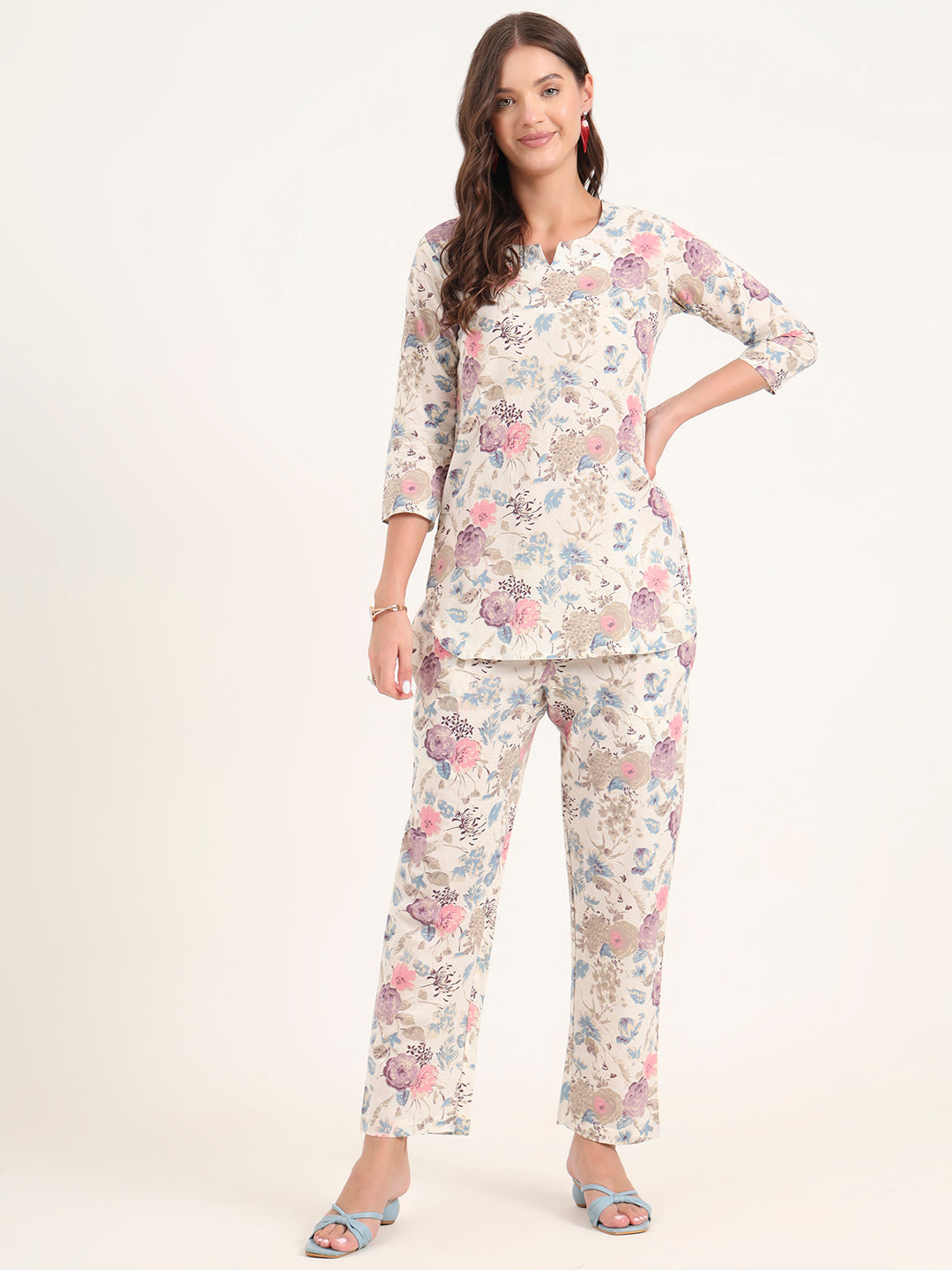Cream Printed Cotton Night Suit Sets