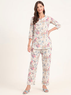 Cream Printed Cotton Night Suit Sets