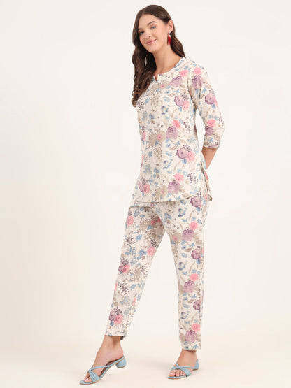 Cream Printed Cotton Night Suit Sets