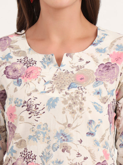 Cream Printed Cotton Night Suit Sets