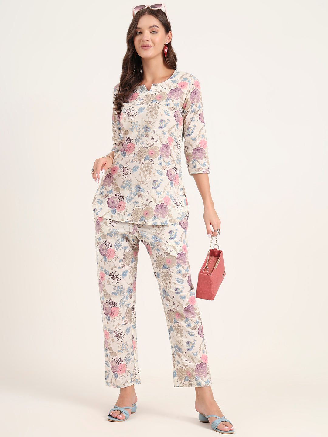 Cream Printed Cotton Night Suit Sets