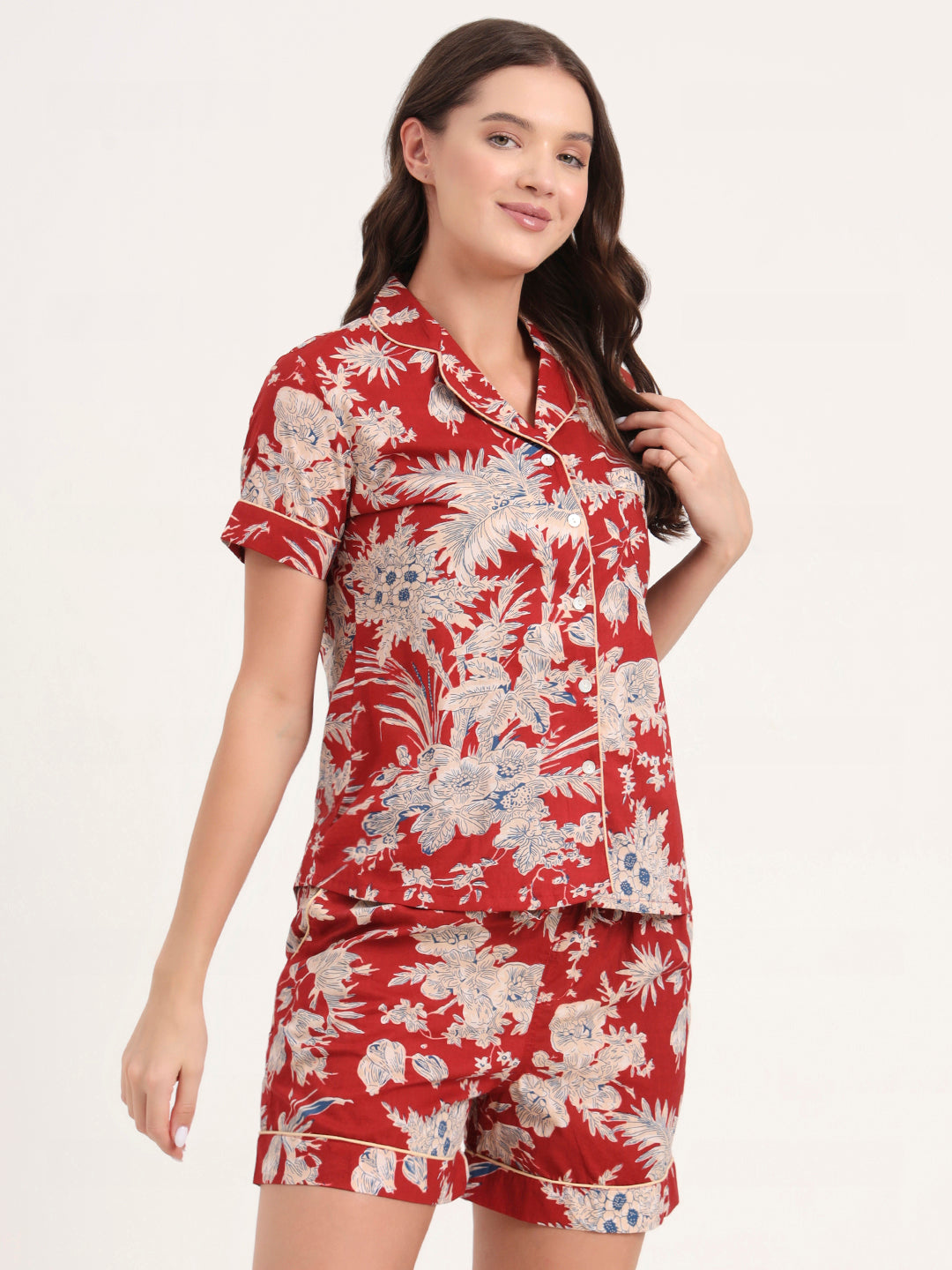 Red Cotton Shirt and Shorts Night Suits