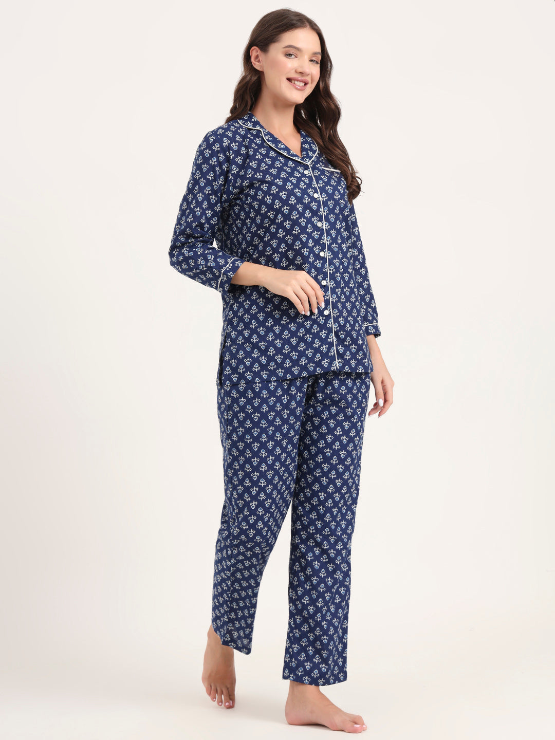 Blue Cotton Printed Night Suits
