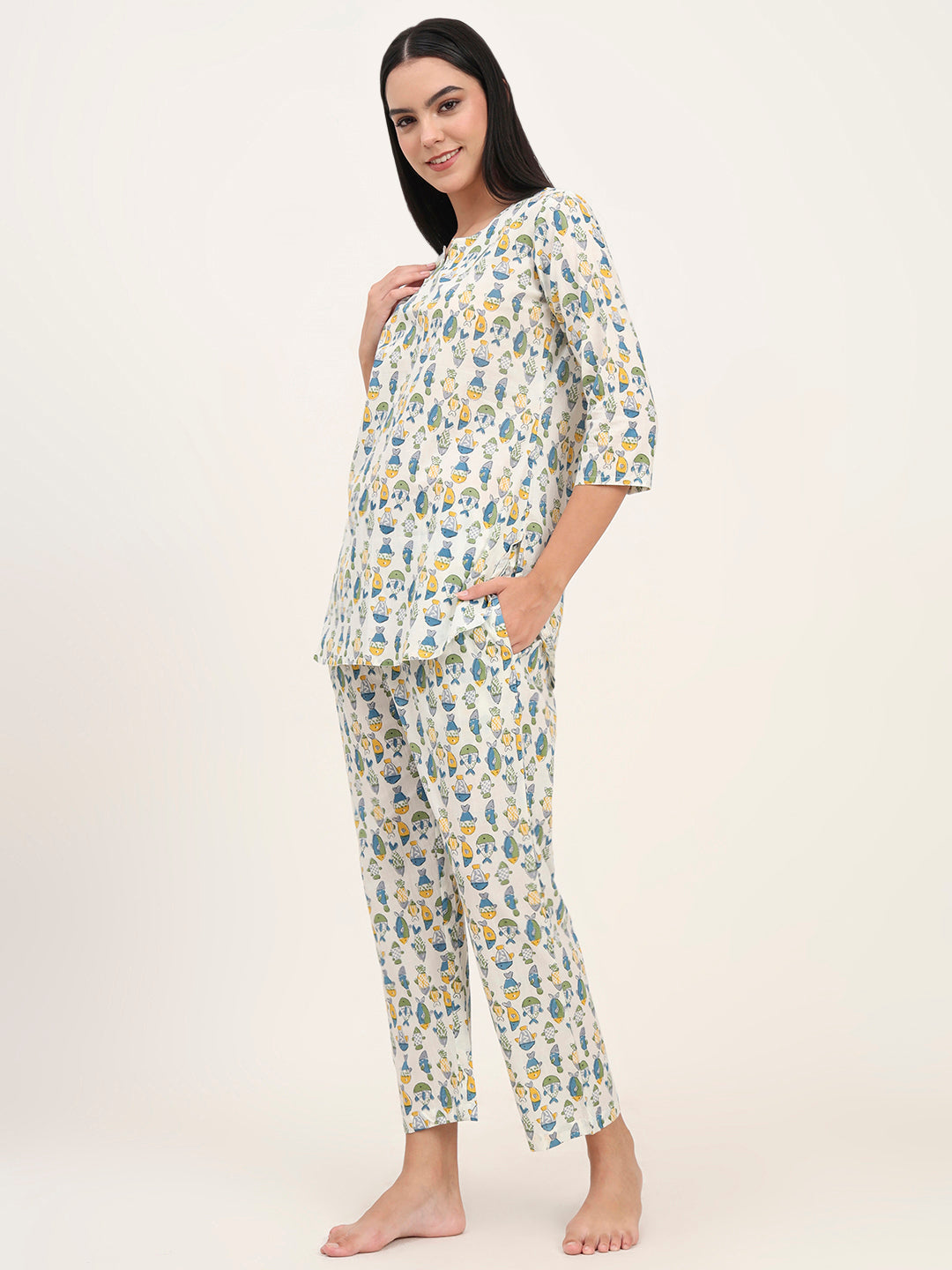 White Cotton Printed Night Suit Set