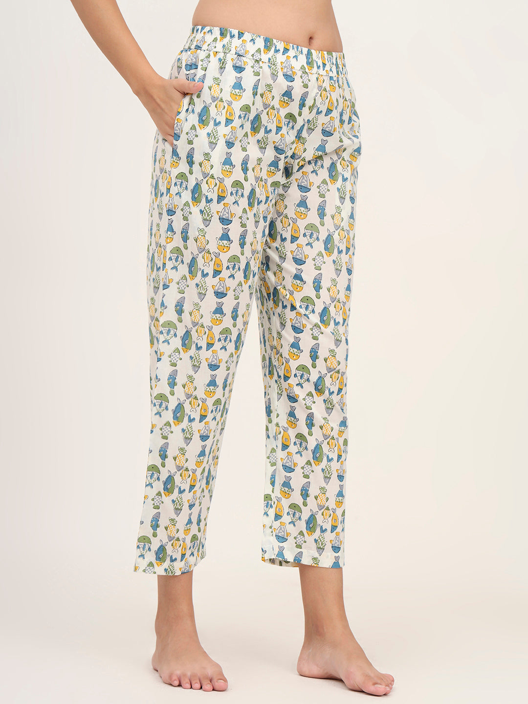 White Cotton Printed Night Suit Set