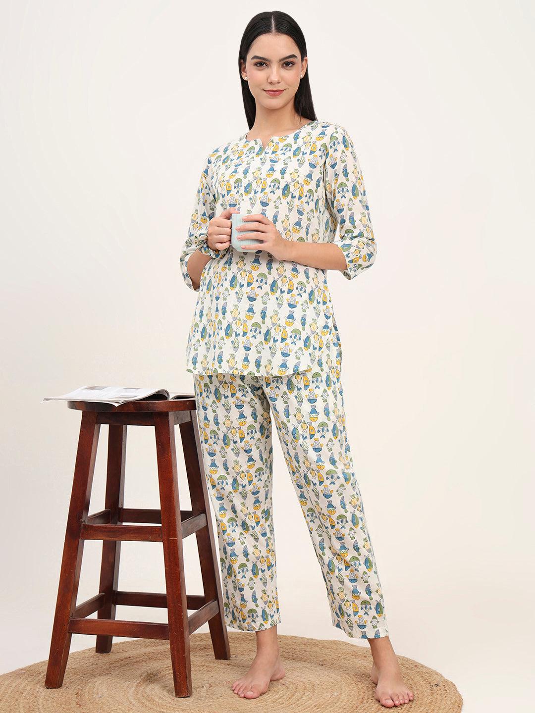 White Cotton Printed Night Suit Set