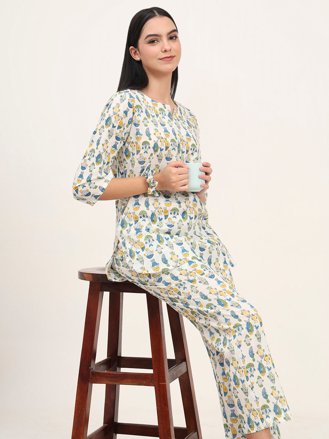 White Cotton Printed Night Suit Set