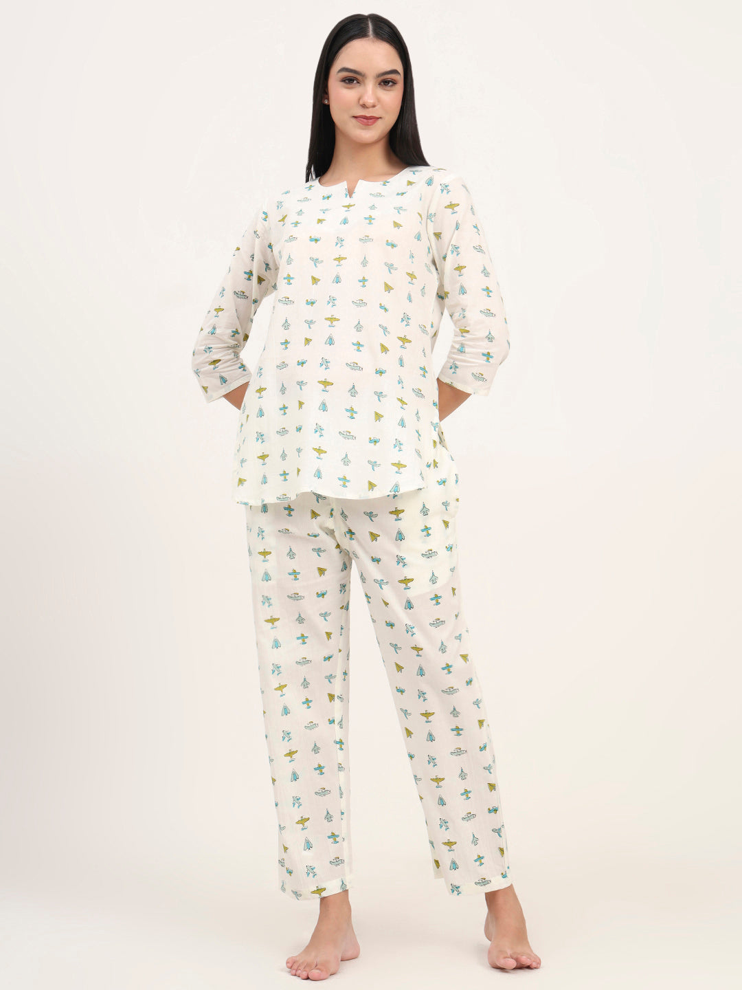 Cream Cotton Printed Night Suit Set