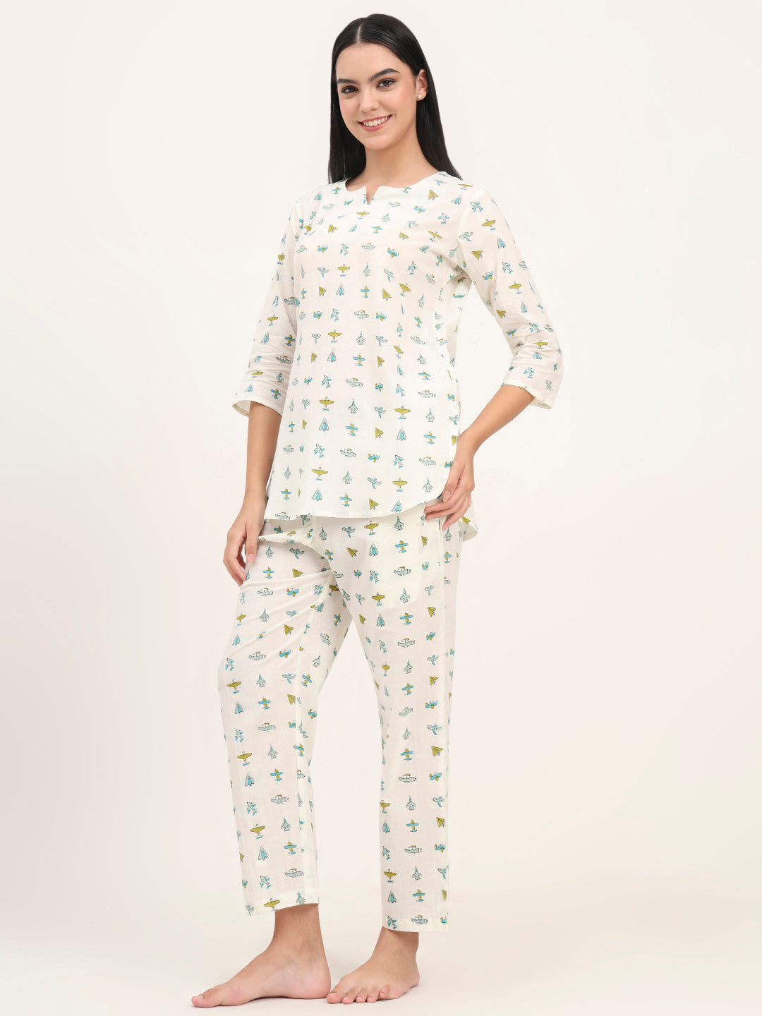 Cream Cotton Printed Night Suit Set