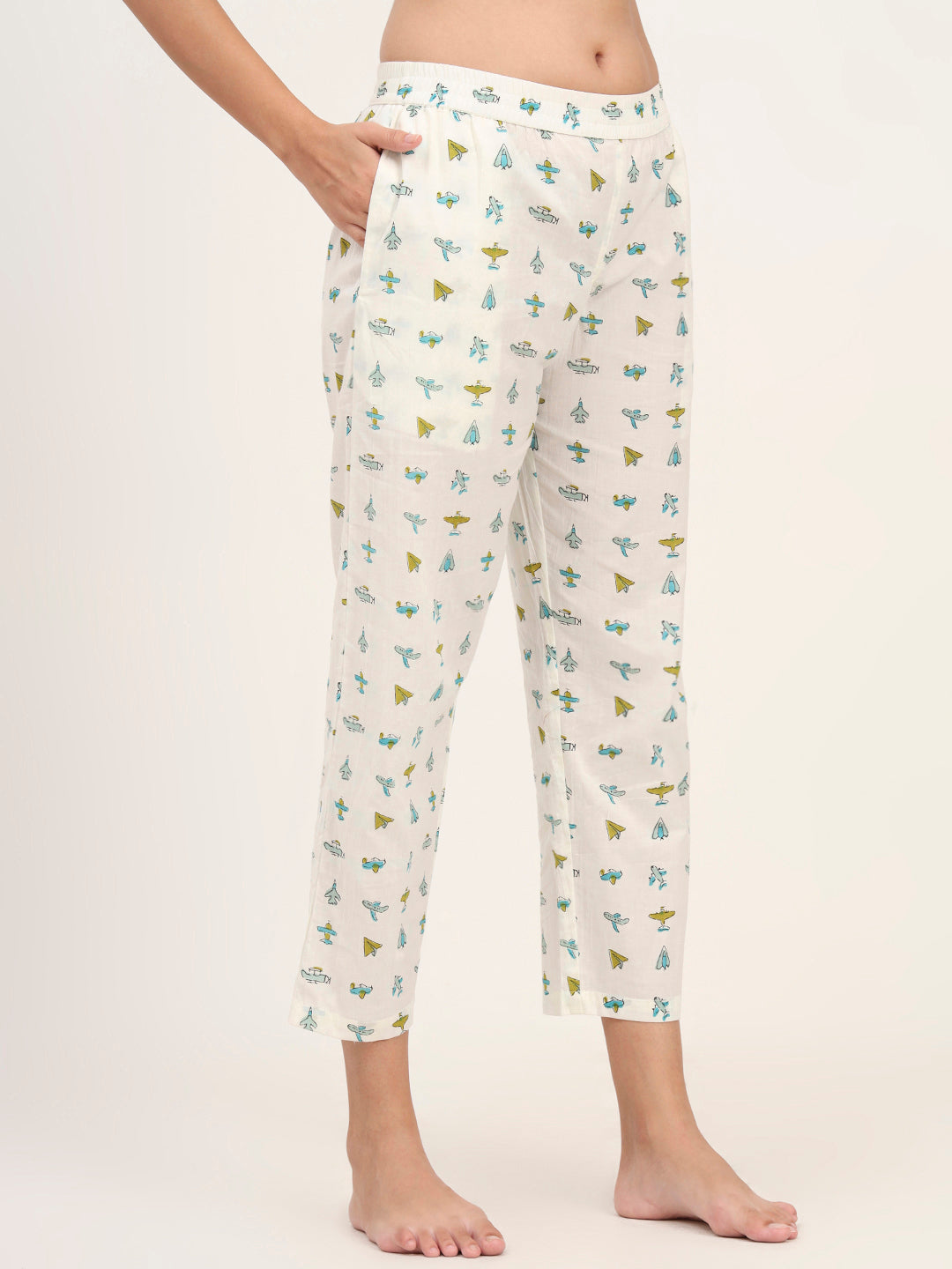 Cream Cotton Printed Night Suit Set