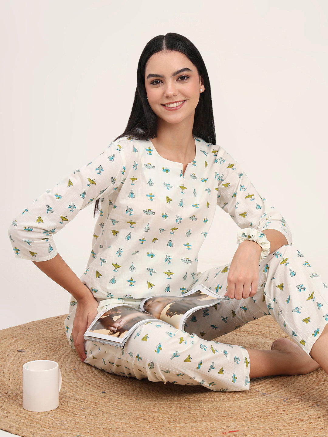 Cream Cotton Printed Night Suit Set