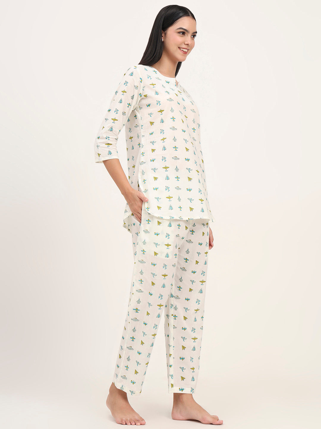 Cream Cotton Printed Night Suit Set
