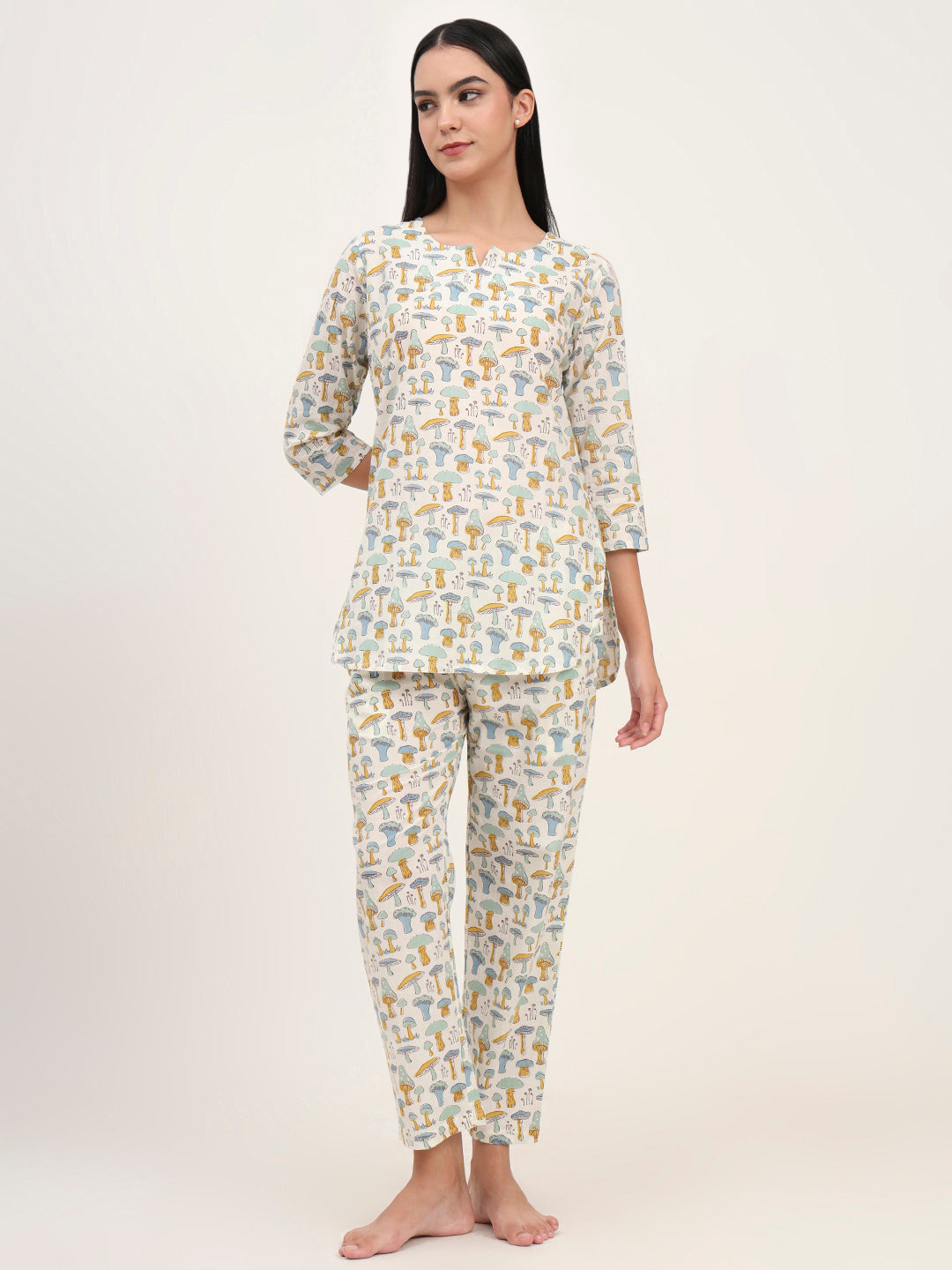 Cream Cotton Printed Night Suit Set