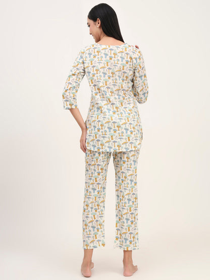 Cream Cotton Printed Night Suit Set