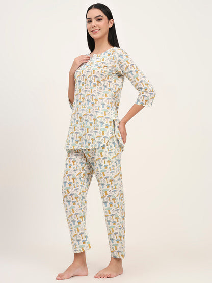 Cream Cotton Printed Night Suit Set
