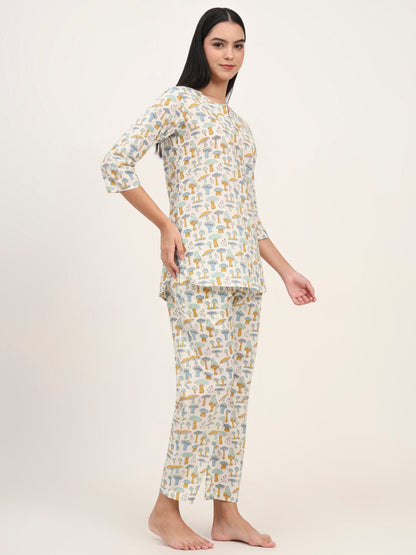 Cream Cotton Printed Night Suit Set