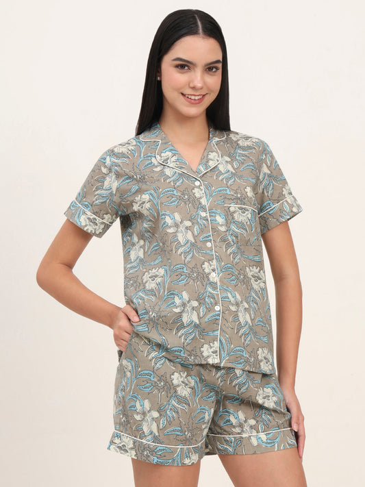 Grey Cotton Floral Printed Shirts With Shorts Night Suits