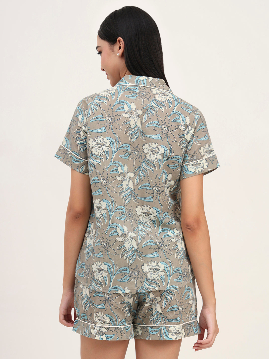 Grey Cotton Floral Printed Shirts With Shorts Night Suits