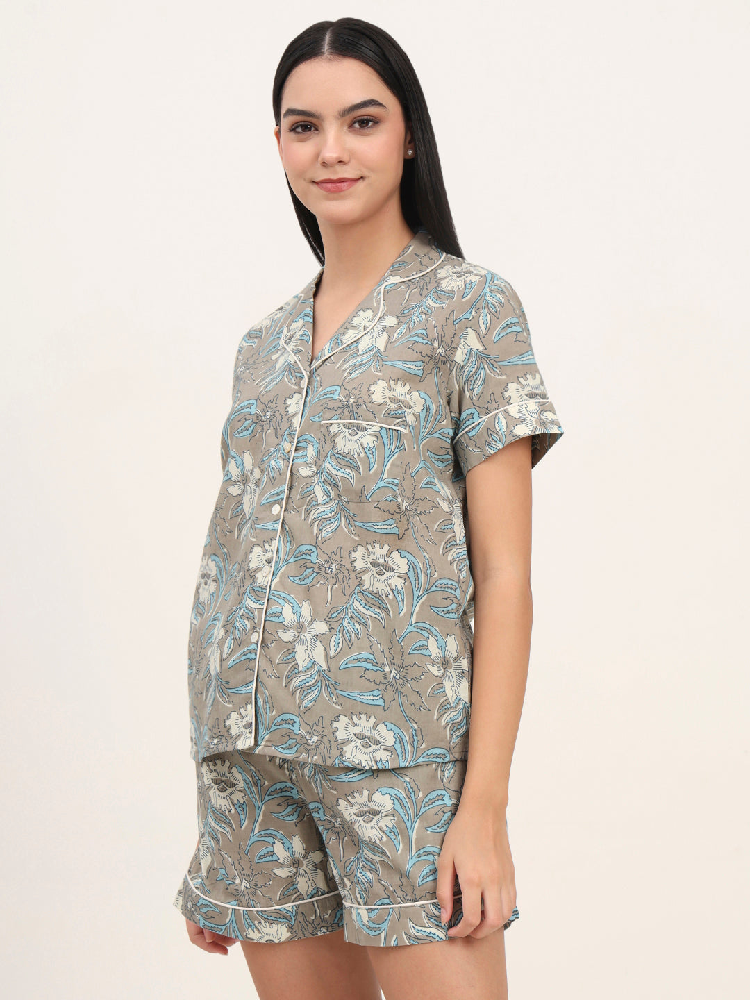 Grey Cotton Floral Printed Shirts With Shorts Night Suits
