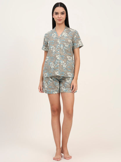 Grey Cotton Floral Printed Shirts With Shorts Night Suits