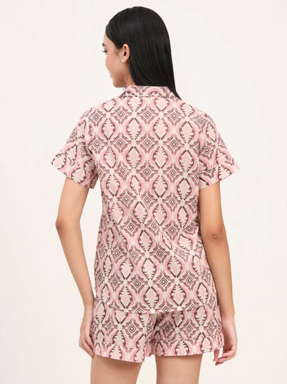 Pink Cotton Floral Printed Shirts With Shorts Night Suits