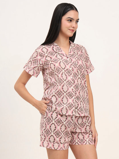 Pink Cotton Floral Printed Shirts With Shorts Night Suits