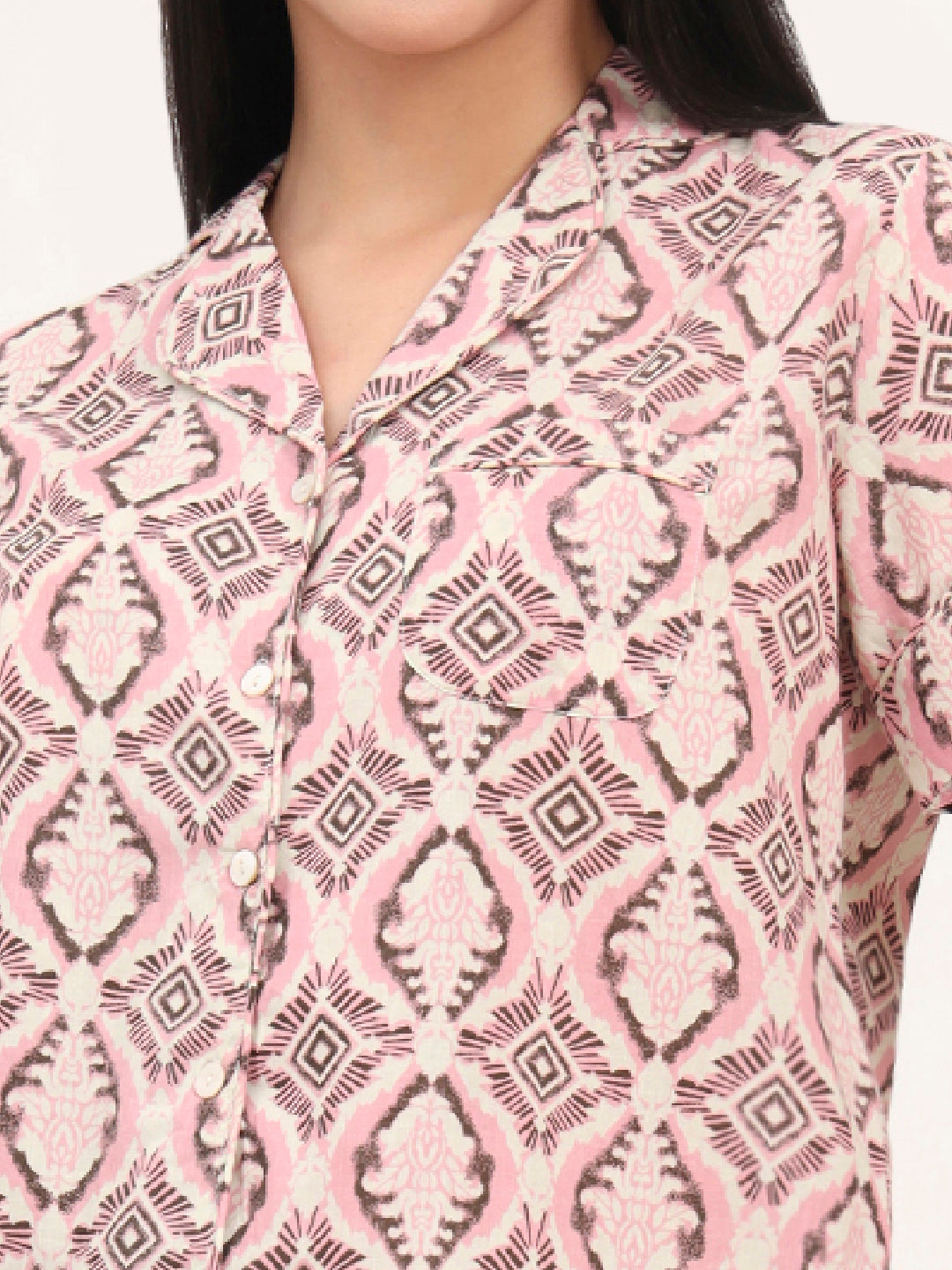 Pink Cotton Floral Printed Shirts With Shorts Night Suits