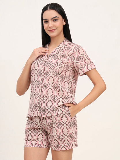 Pink Cotton Floral Printed Shirts With Shorts Night Suits