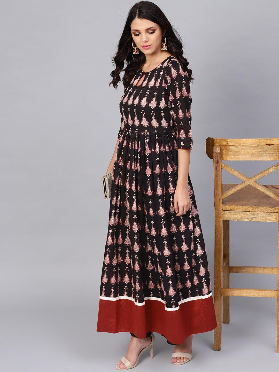  Black Printed Cotton Floor Length Anarkali Kurta -  world