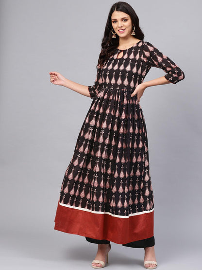  Black Printed Cotton Floor Length Anarkali Kurta -  world
