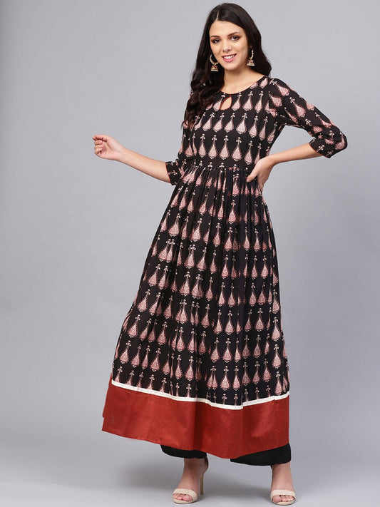  Black Printed Cotton Floor Length Anarkali Kurta -  world